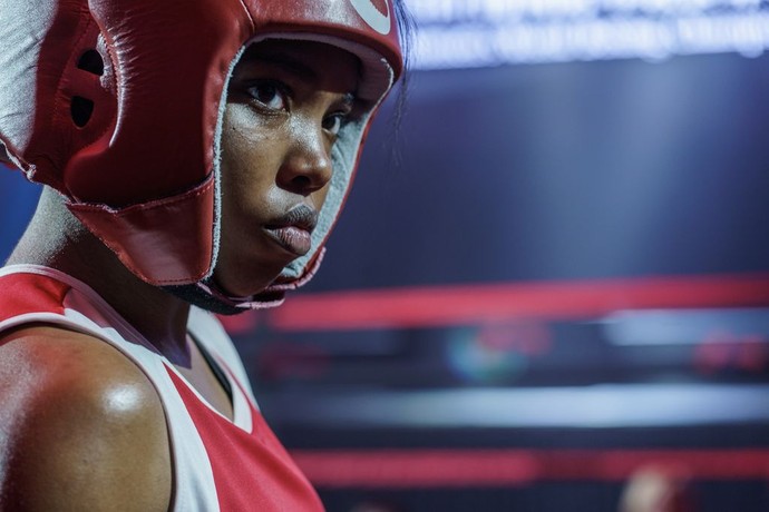 Claressa Shields (Ryan Destiny) preparing for a tough opponent, in "The Fire Inside." (Amazon MGM Studios)