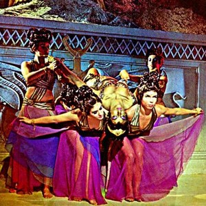 JASON AND THE ARGONAUTS,  Nancy Kovack (as Medea), being carried by dancers, 1963.