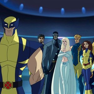 Wolverine, Forge, Cyclops, Emma Frost, Iceman, Shadowcat and Beast (from left)