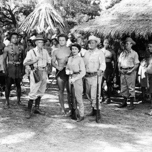 BOMBA AND THE JUNGLE GIRL, from left, front, Leonard Mudie, Johnny Sheffield, (as Bomba, the Jungle Boy), Karen Sharpe, Walter Sande, 1952