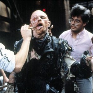 ROBOCOP, Paul McCrane, having makeup applied, to appear disfigured by acid, 1987. (c) Orion Pictures.