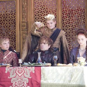 Game of Thrones, from left: Dean-Charles Chapman, Peter Dinklage, Jack Gleeson, Sophie Turner, 'The Lion and the Rose', Season 4, Ep. #2, 04/13/2014, ©HBO