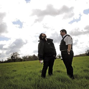 HOT FUZZ, director Edgar Wright, Nick Frost, on set, 2007. ©Rogue Pictures