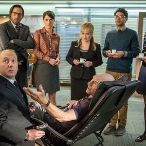 Blunt Talk, from left: Adrian Scarborough, Timm Sharp, Mary Holland, Jacki Weaver, Patrick Stewart, Karan Soni, Dolly Wells, 'I Seem to Be Running Out of Dreams for Myself', Season 1, Ep. #1, 08/22/2015, ©STARZPR