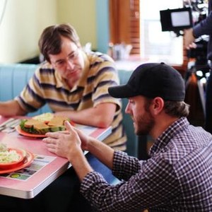 THE ONE I LOVE, FROM LEFT: MARK DUPLASS, DIRECTOR CHARLIE MCDOWELL, ON SET, 2014. © RADIUS-TWC