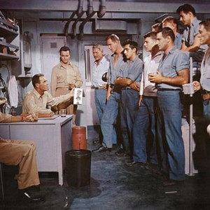MISTER ROBERTS, William Powell, Henry Fonda, Jack Lemmon, Ward Bond, Ken Curtis, Nick Adams (far rt.), 1955.