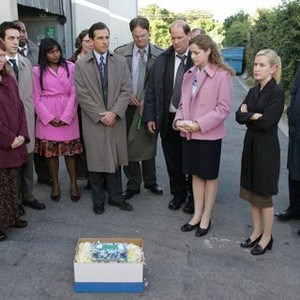 The Office, from left: Kate Flannery, B.J. Novak, Mindy Kaling, Rainn Wilson, Brian Baumgartner, Jenna Fischer, Angela Kinsey, Creed Bratton, 'Grief Counseling', Season 3, Ep. #4, 10/12/2006, ©NBC