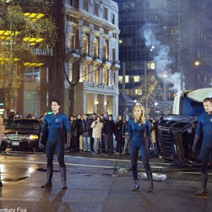 Pictured, from left to right, are: Michael Chiklis as The Thing, Ioan Gruffudd as Reed Richards, Jessica Alba as Sue Storm, and Chris Evans as Johnny Storm.