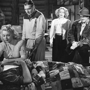 TIMBER QUEEN, from left: Charles Anthony Hughes (lying down), Mary Beth Hughes, Richard Arlen, June Havoc, Edmund MacDonald, 1944