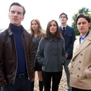 X-MEN: FIRST CLASS, l-r: Caleb Landry Jones, Michael Fassbender, Jennifer Lawrence, Rose Byrne, Nicholas Hoult, James McAvoy, Lucas Till, 2011, ph: Murray Close/TM and Copyright ©20th Century Fox Film Corp. All rights reserved.