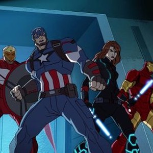 Marvel's Avengers Assemble, from left: Bumper Robinson, Roger Craig Smith, Laura Bailey, Adrian Pasdar, 'The Thunderbolts', Season 3: Ultron Revolution, Ep. #4, ©DISNEYXD