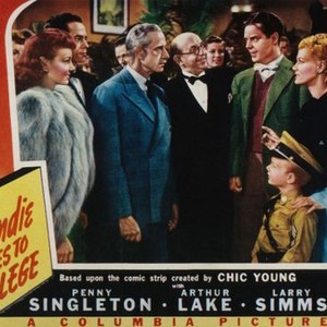BLONDIE GOES TO COLLEGE, from left, Janet Blair, Larry Parks, Jonathan Hale, Andrew Tombes, Arthur Lake, Larry Simms, Penny Singleton, 1942