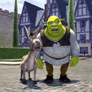 Shrek (MYERS) and the Donkey (MURPHY) arrive in Duloc to confront the evil Lord Farquaad about the banishment of all fairy-tale creatures in DreamWorks Pictures' computer animated comedy SHREK. photo 10