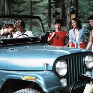 FRIDAY THE 13TH, Mark Nelson (in truck), standing from left: Kevin Bacon, Peter Brouwer, Jeannine Taylor, Harry Crosby, Adrienne King (rear), 1980, © Paramount