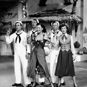 ON THE TOWN, from left: Gene Kelly, Jules Munshin, Ann Miller, Frank Sinatra, Betty Garrett, 1949