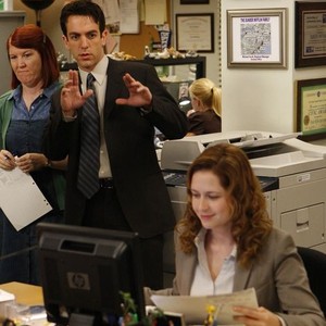 The Office, Kate Flannery (L), B.J. Novak (C), Jenna Fischer (R), 'Gossip', Season 6, Ep. #1, 09/17/2009, ©NBC