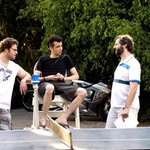 KNOCKED UP, Seth Rogen, Jay Baruchel, director Judd Apatow, on set, 2007. ©Universal Pictures