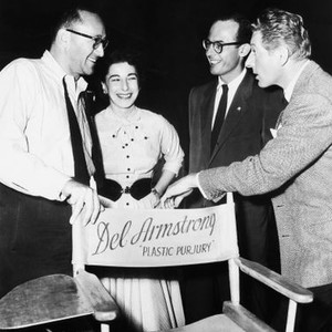 KNOCK ON WOOD, from left: director/screenwriter Melvin Frank, Sylvia Fine, director/screenwriter Norman Panama, Danny Kaye on set, 1954