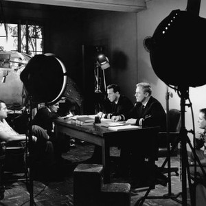 THE CAINE MUTINY, from left, director Edward Dmytryk, cinematographer Franz Planer, Jose Ferrer, Van Johnson, assistant director Carter DeHaven Jr., on-set, 1954