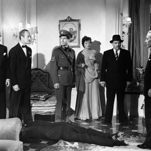 LUCKY NICK CAIN, Martin benson (left), Hugh French, Coleen Gray (third from right), Peter Illing, George Raft, 1950