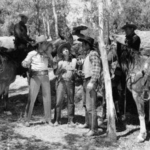 STAGECOACH BUCKAROO, second, third, fourth and fifth from left: Kermit  Maynard, Johnny Mack Brown,  Fuzzy Knight, Glenn Strange, Ernie Adams, 1942