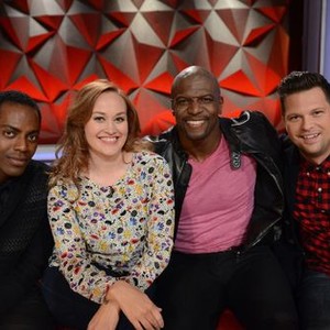 World's Funniest Fails, from left: Baron Vaughn, Mamrie Hart, Terry Crews, Julian McCullough, 'Horses: They Just Don't Like Us', Season 1, Ep. #3, 01/30/2015, ©FOX