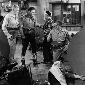 IN OLD AMARILLO, third, fourth, fifth, sixth and ninth from left: Pierre Watkin, Roy Rogers, Pinky Lee, Roy Barcroft, Penny Edwards, 1951