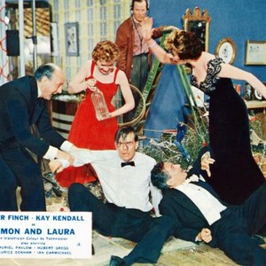 SIMON AND LAURA, front from left: Maurice Denham Ian Carmichael, Peter Finch, standing center from left: Muriel Pavlow, Kay Kendall, 1955