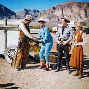 PARDNERS, from left: Jeff Morrow, Jerry Lewis, Dean Martin, Lori Nelson, 1956